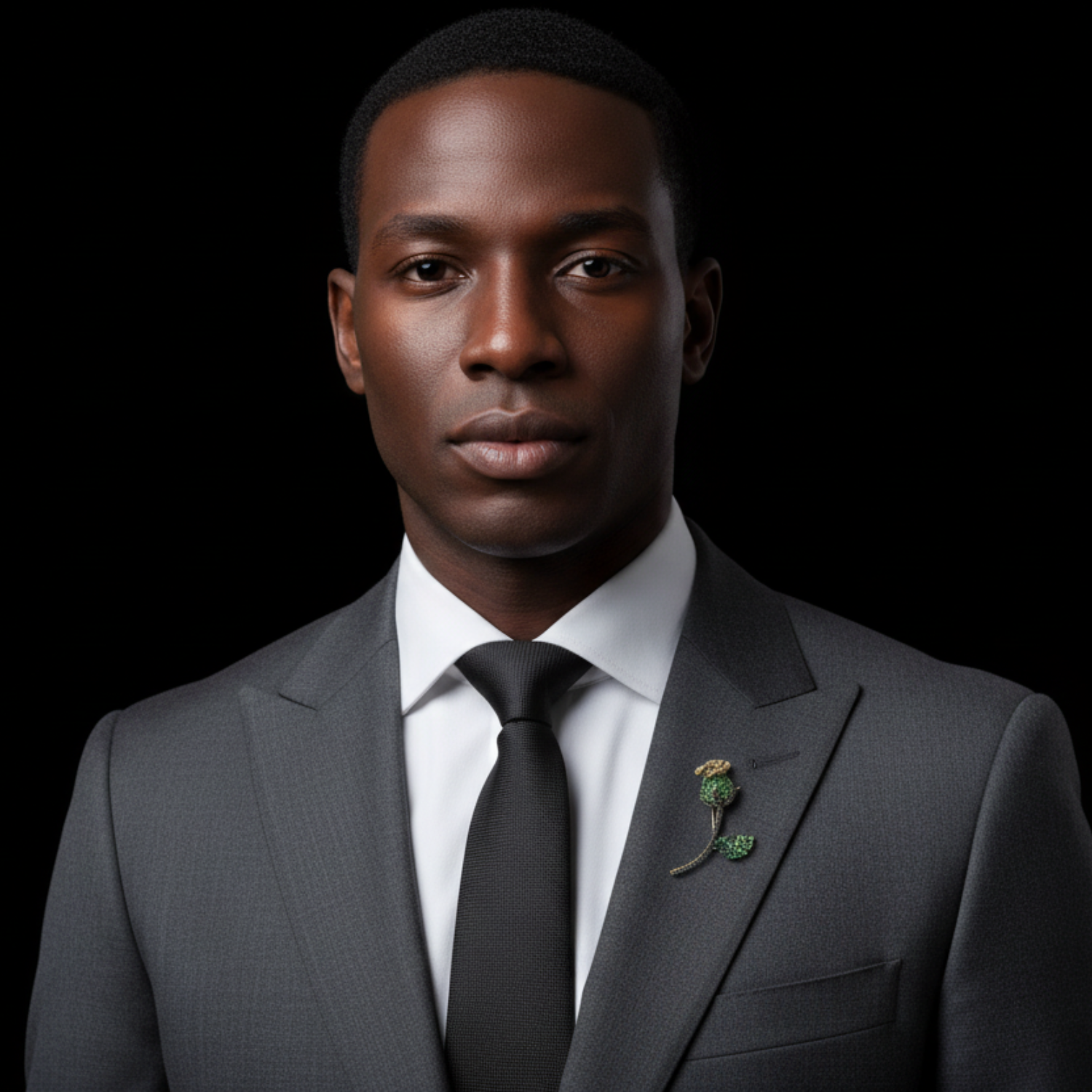 Man wearing a gray suit with a black tie and floral boutonniere on a black background