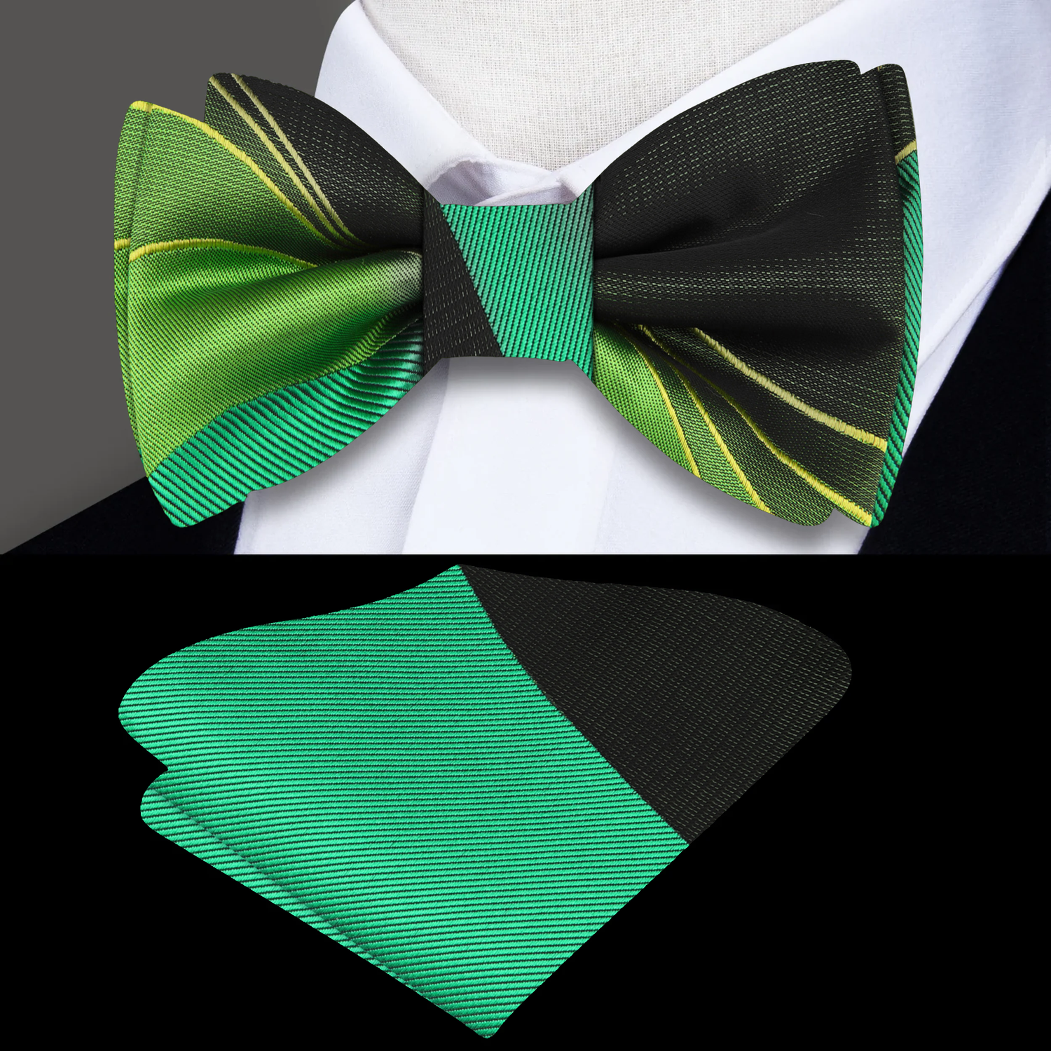 Main: Green Seam Route Bow Tie and Pocket Square||Dark Green, Green, Yellow Gold