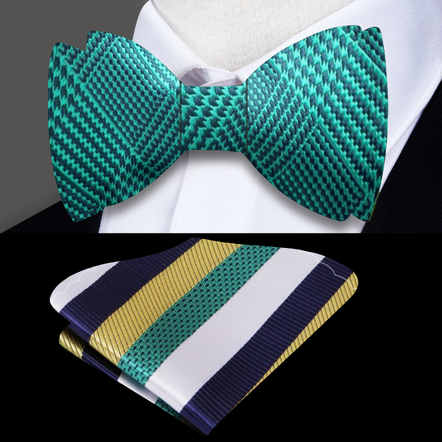 Main: Green Plaid Self Tie Bow Tie and Accenting Green, Blue, White and Gold Stripe Pocket Square