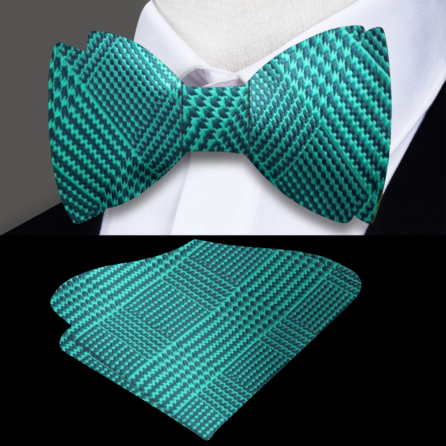 Main: Green Plaid Self Tie Bow Tie and Matching Pocket Square