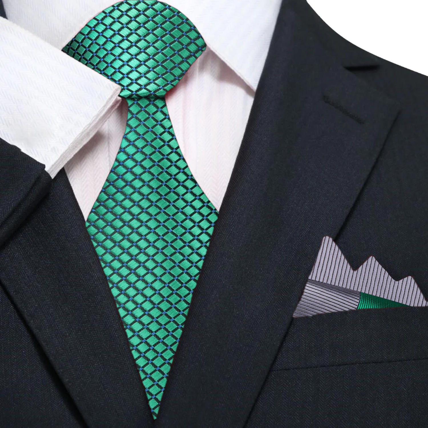 Main: Green Geometric Tie with Grey and Green Abstract Square