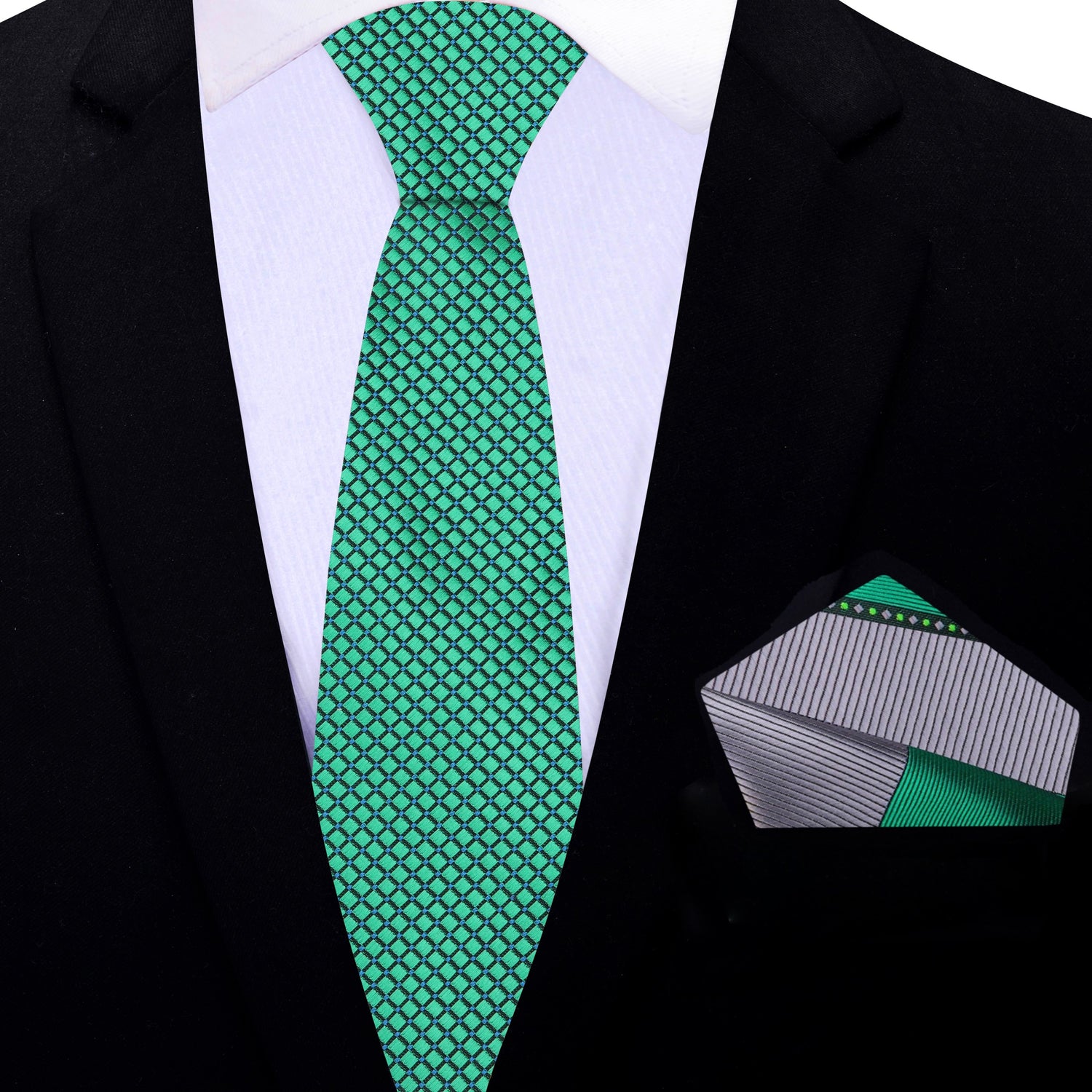 Thin Tie Green Geometric Tie and Green, Grey Pocket Square