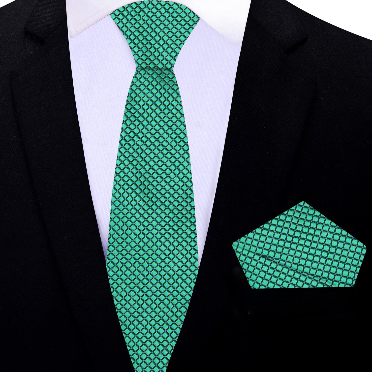 Thin Tie: Green Geometric Tie and Pocket Square