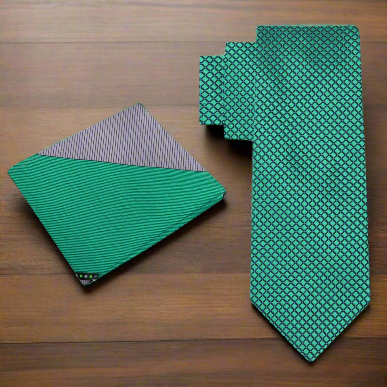 Alt View: Green Geometric Tie and Green, Grey Pocket Square