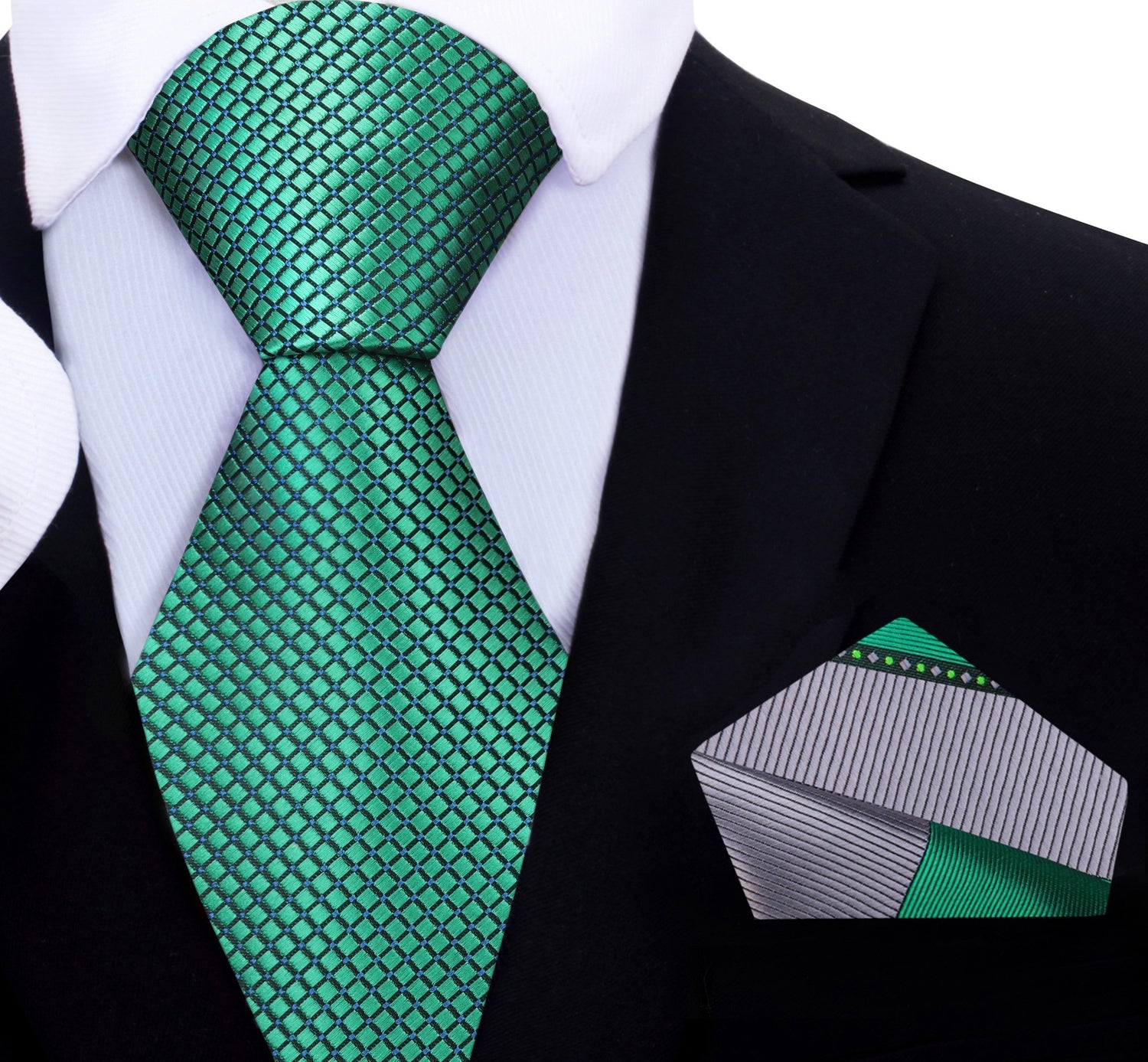 Green Geometric Tie and Green, Grey Pocket Square