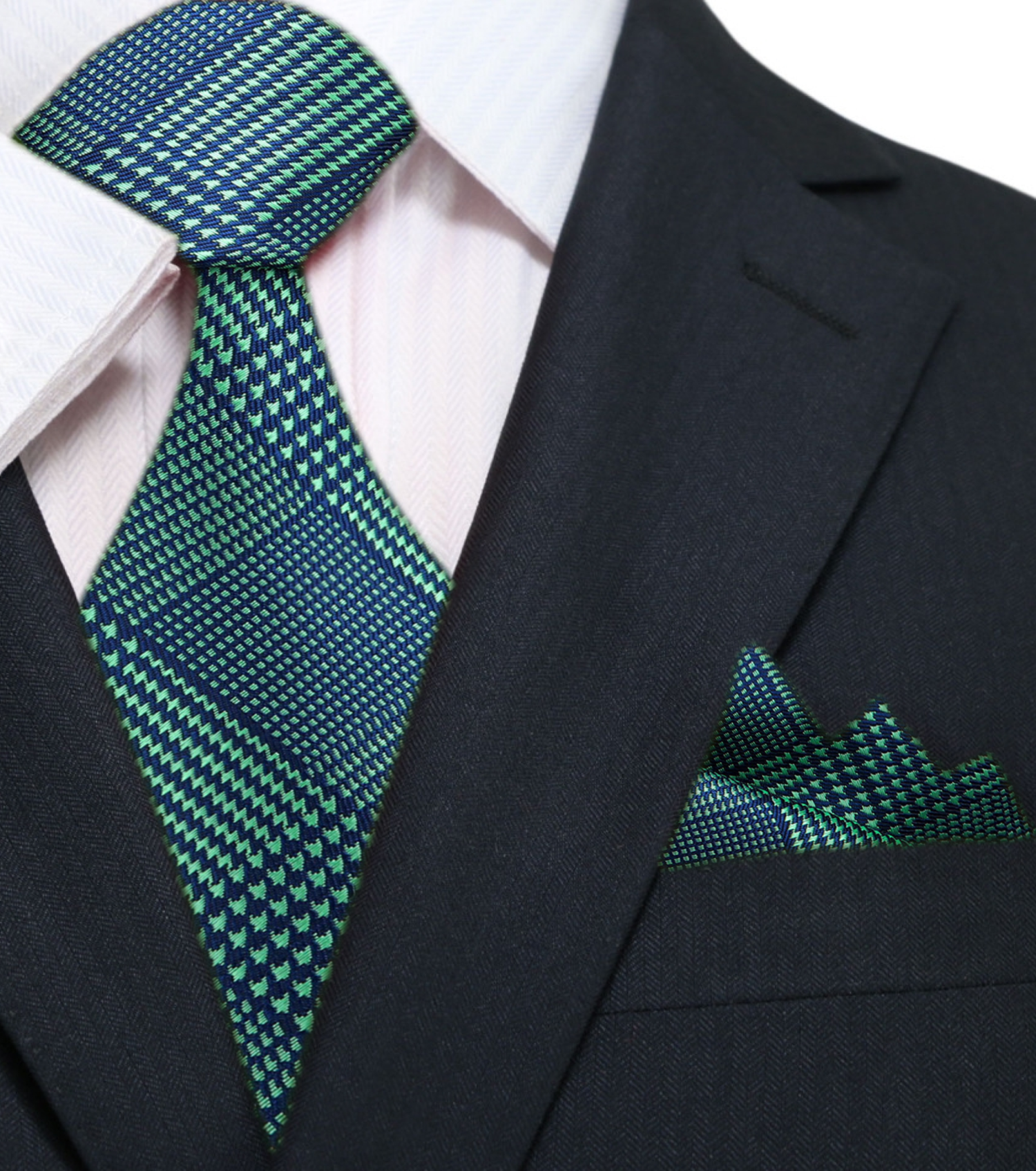 Main: Green Geometric Plaid Tie and Pocket Square