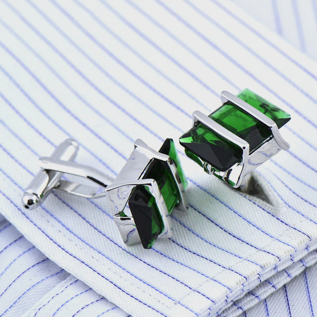 View 3 Chrome with Green Rectangle Stones Cufflinks