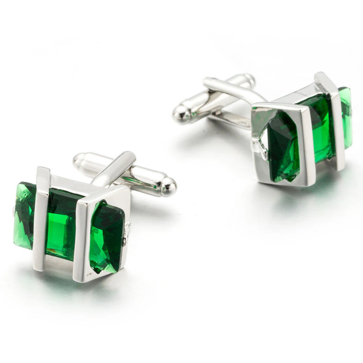View 4: Chrome with Green Rectangle Stones Cufflinks