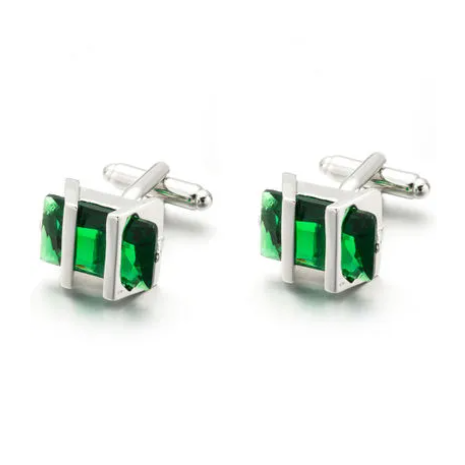 View 5: Chrome with Green Rectangle Stones Cufflinks