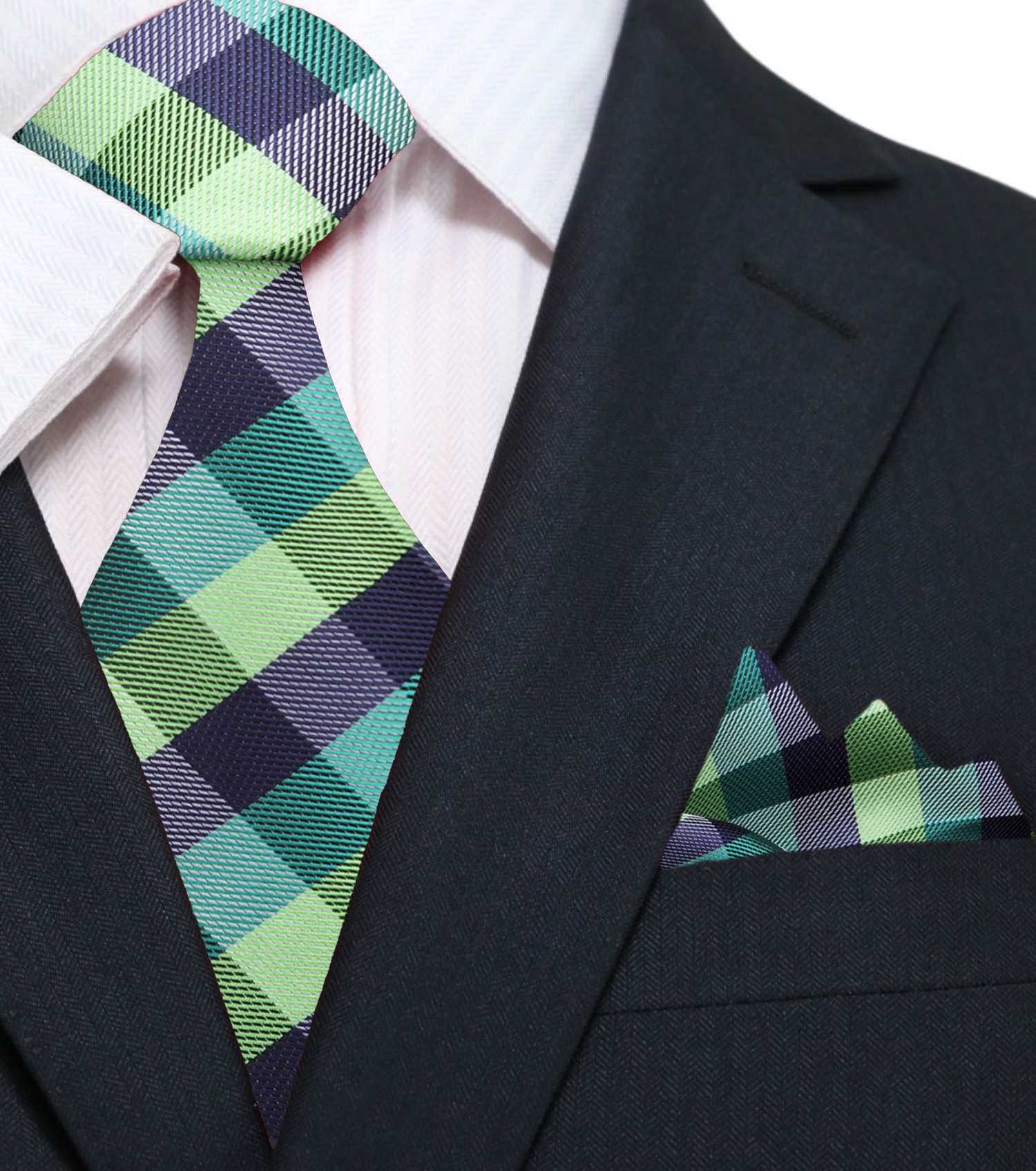 A Green, Dark Green, Blue Geometric Check Pattern Silk Necktie, Matching Pocket Square