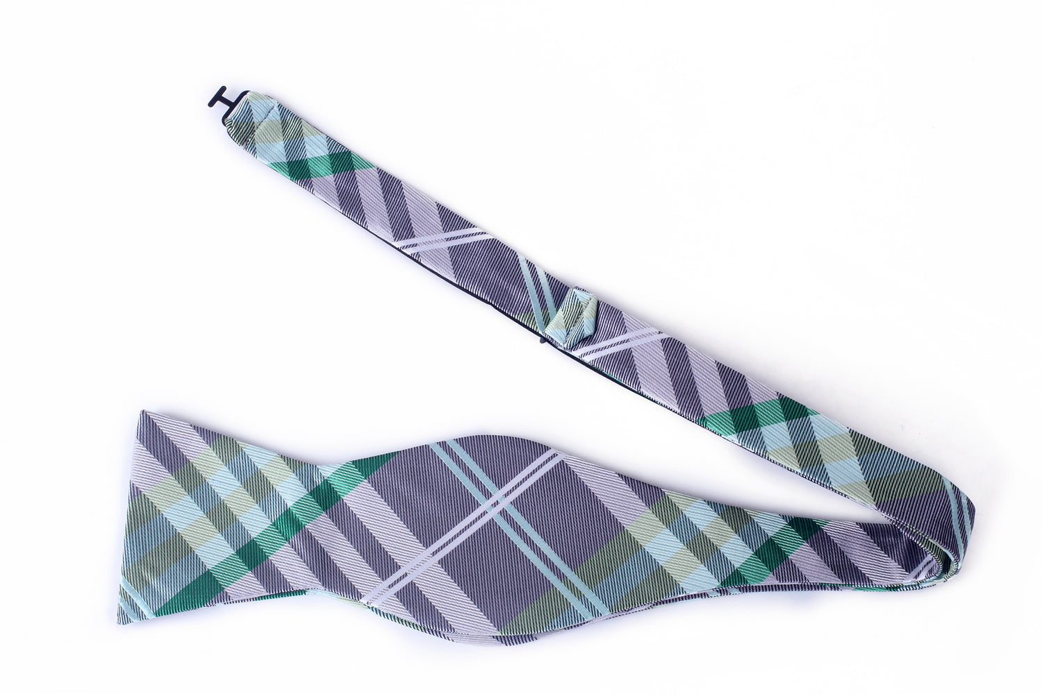 A Grey, Green, Black, White, Plaid Pattern Silk Self Tie Bow Tie Self Tie