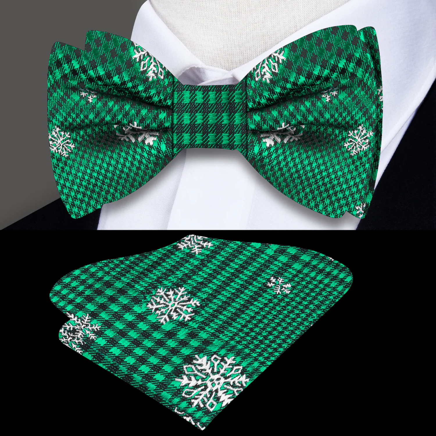 Green Plaid with Snowflake Bow Tie and Pocket Square