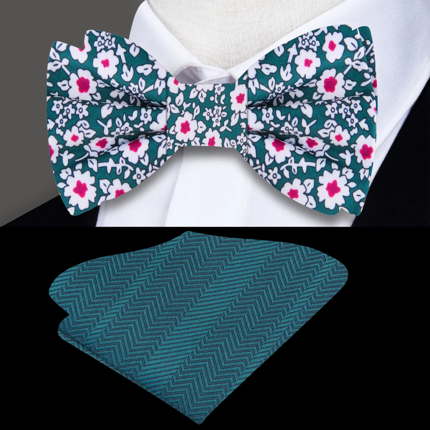 Green, White, Reddish Pink Small Flowers Bow Tie and Green Pocket Square