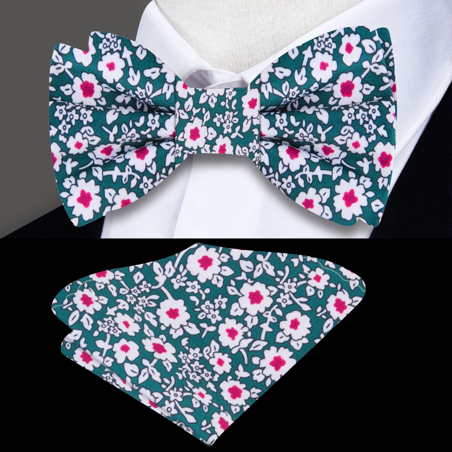 Green, White, Reddish Pink Small Flowers Bow Tie and Matching Pocket Square