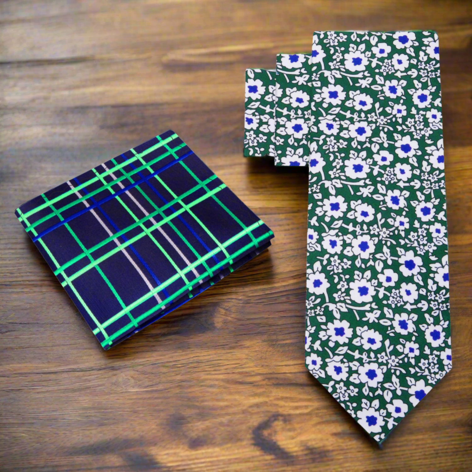 Alt Green, White, Blue Flowers Tie with Accenting Pocket Square