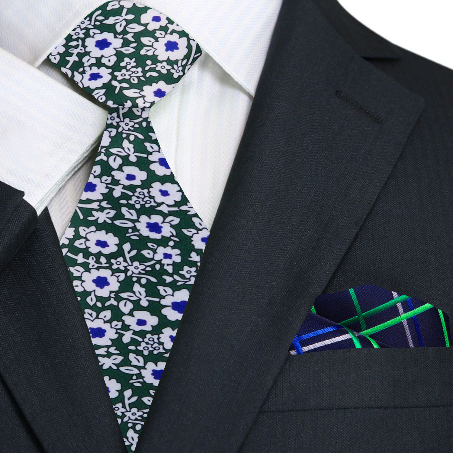 Green, White, Blue Flowers Tie with Accenting Pocket Square