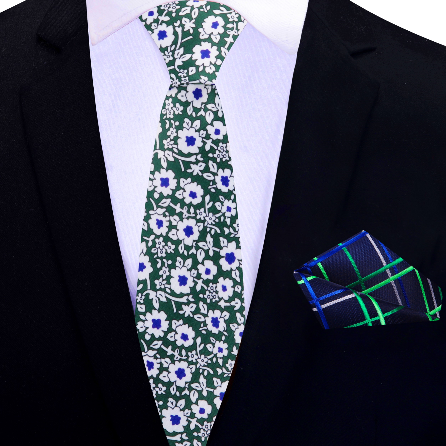 Thin Green, White, Blue Flowers Tie with Accenting Pocket Square