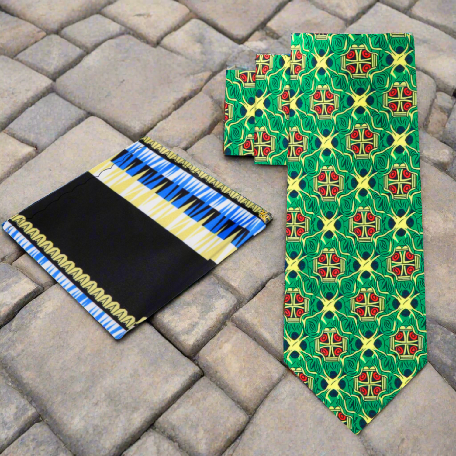 Green Yellow Abstract Necktie and Accenting Square 1