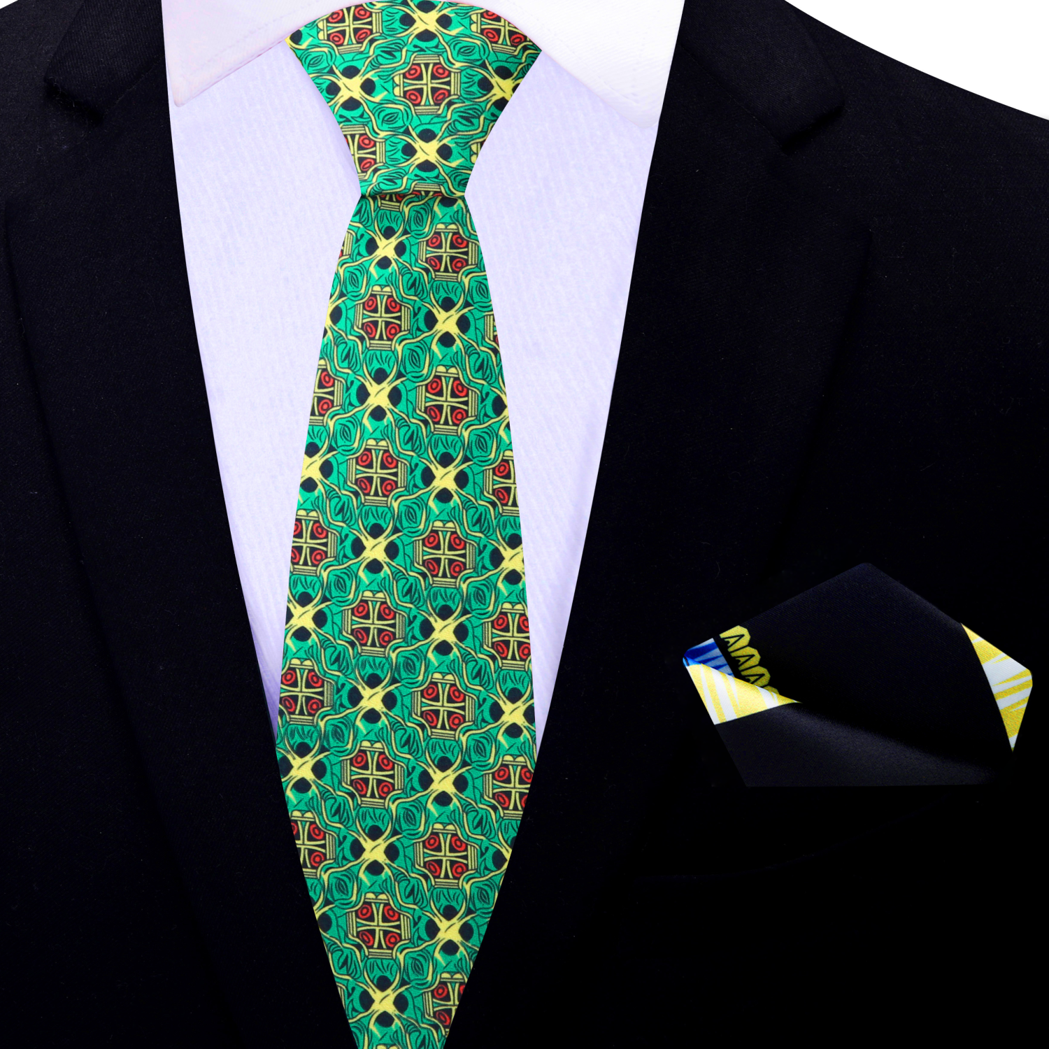 Thin Green Yellow Abstract Necktie and Accenting Square 1