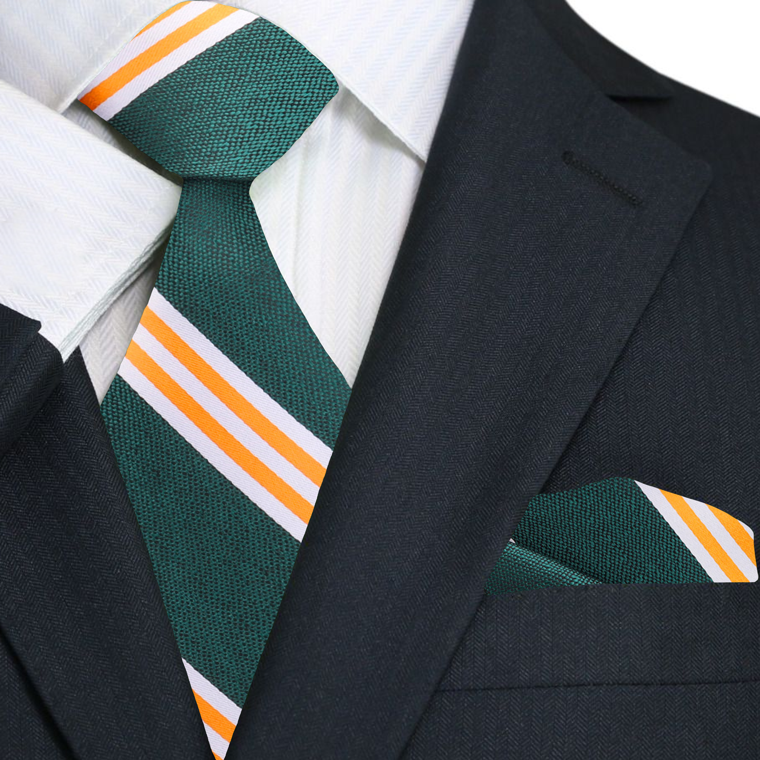 Main View: Green, Yellow Gold Stripe Tie and Square