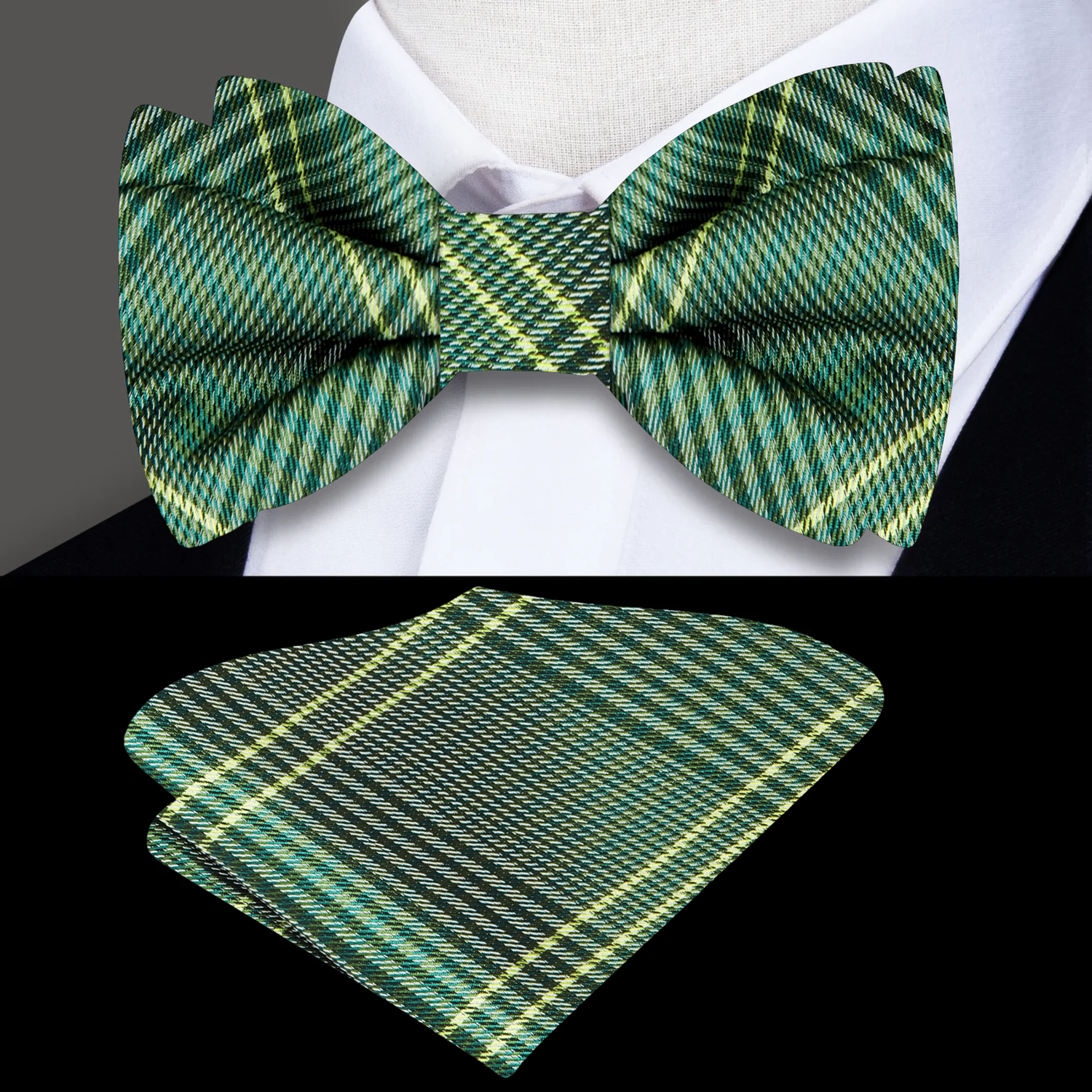 Green, Yellow Plaid Bow Tie and Pocket Square