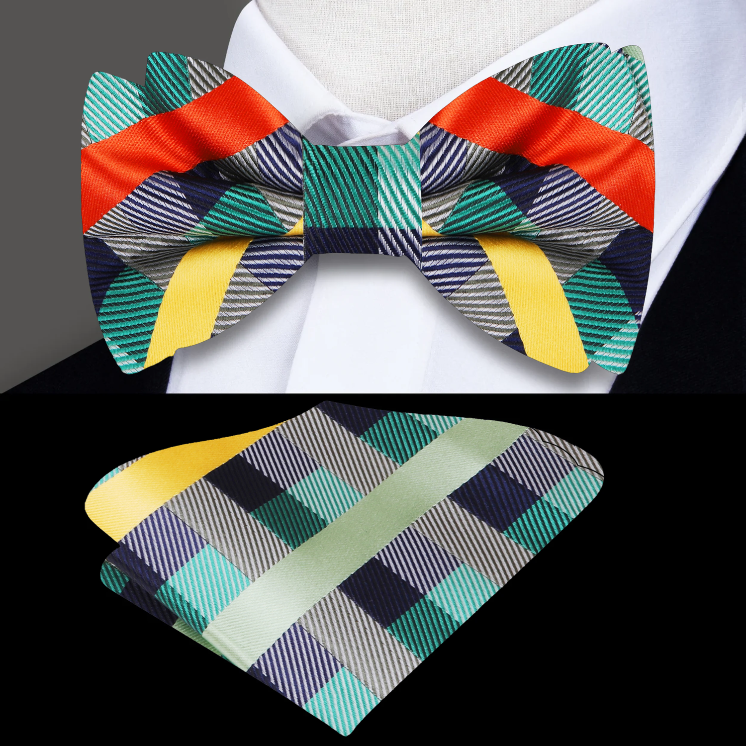 A Green, Yellow, Orange Geometric Check Pattern Silk Self Tie Bow Tie, Matching Pocket Square