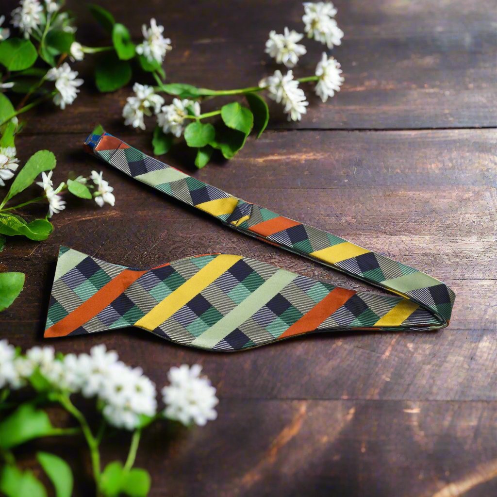 Green, Yellow Plaid Self Tie Bow Tie