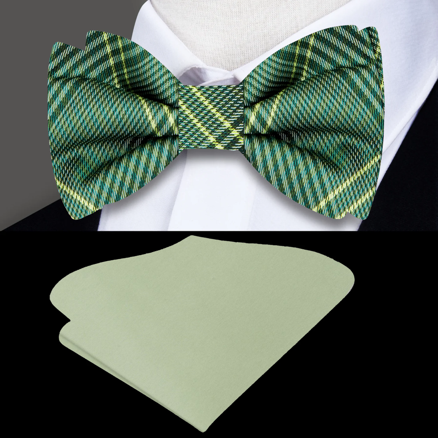 Green Plaid Bow Tie and Green Square