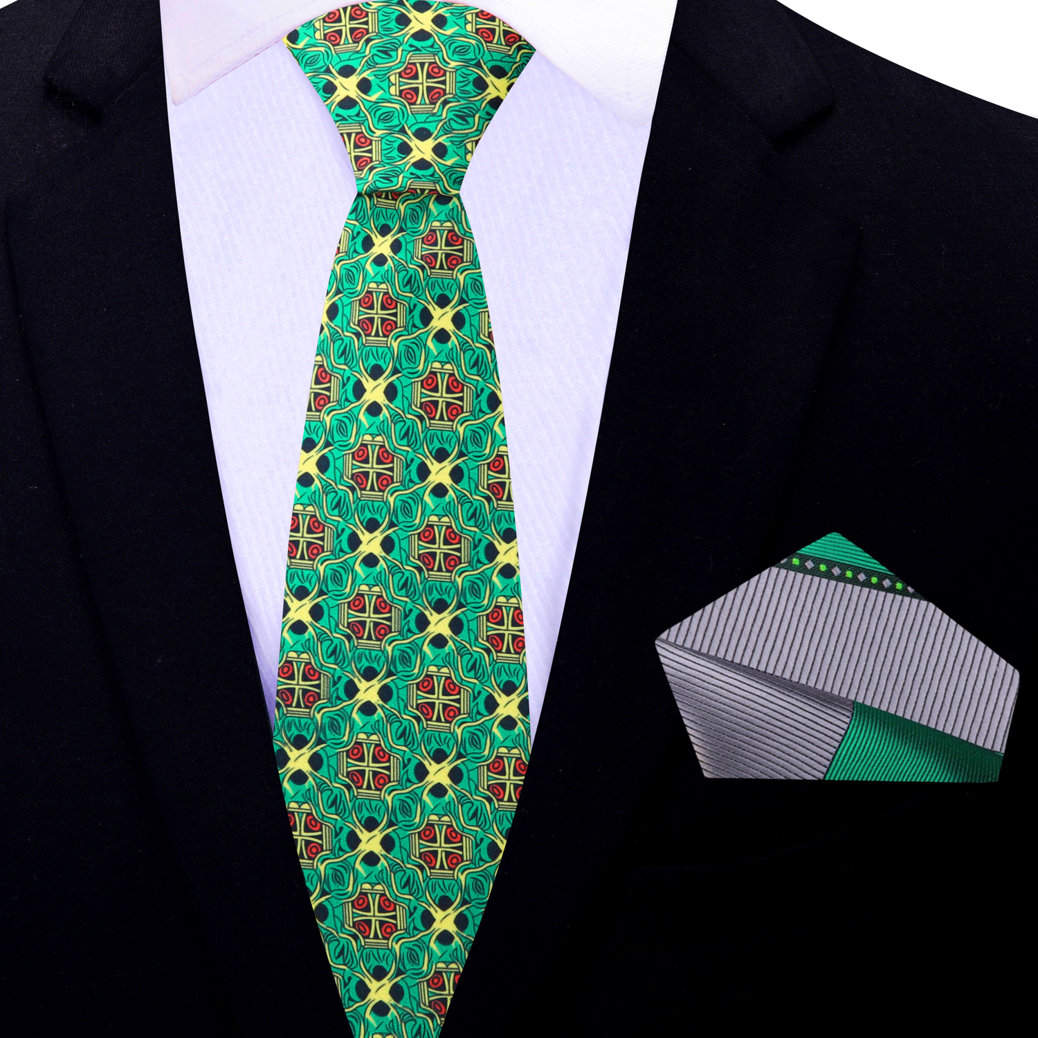 Thin Tie: Green, Yellow and Red Abstract Tie and Grey, Green Abstract Pocket Square