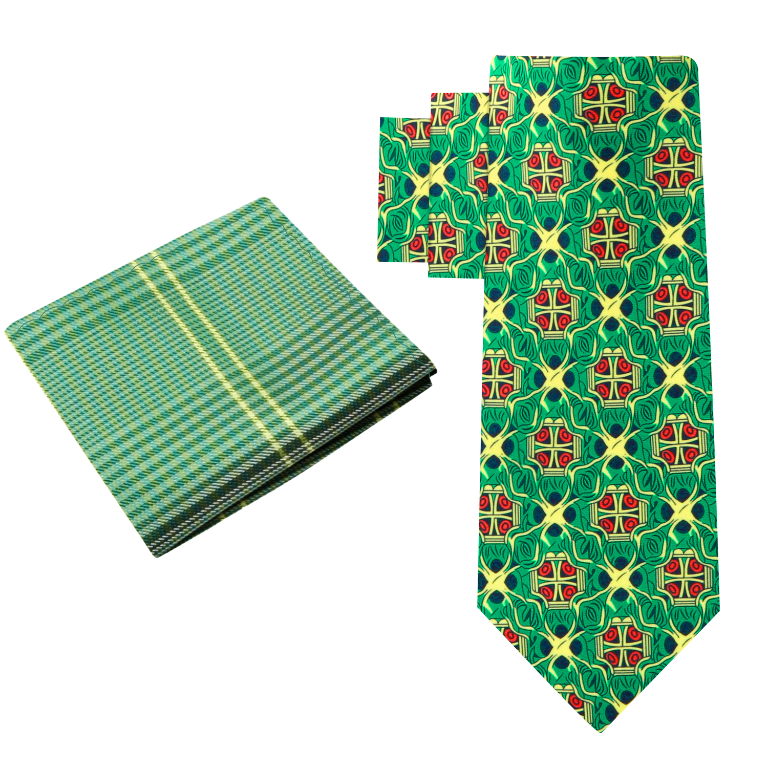 Alt View: Green, Yellow and Red Abstract Tie and Green, Yellow Plaid Pocket Square