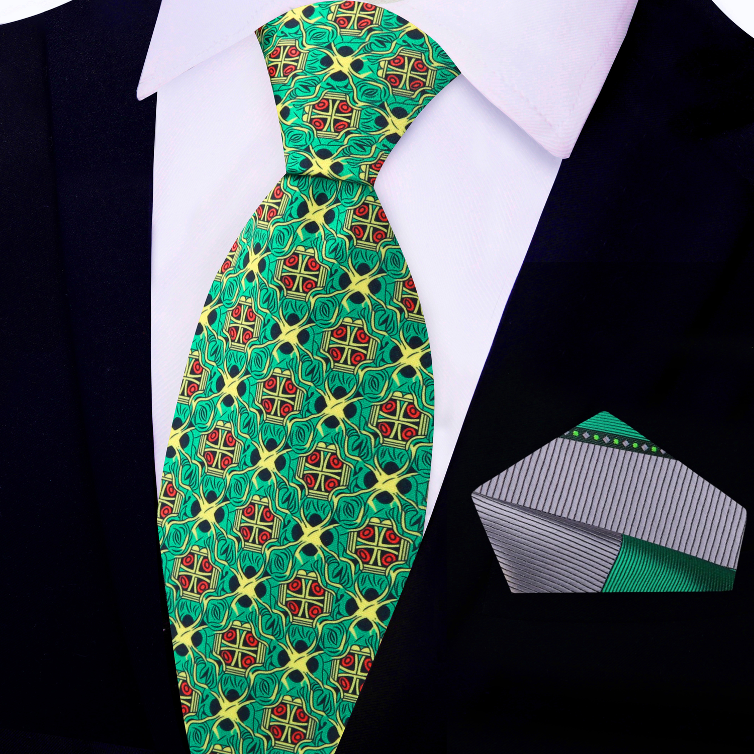 View 2: Green, Yellow and Red Abstract Tie and Grey, Green Abstract Pocket Square