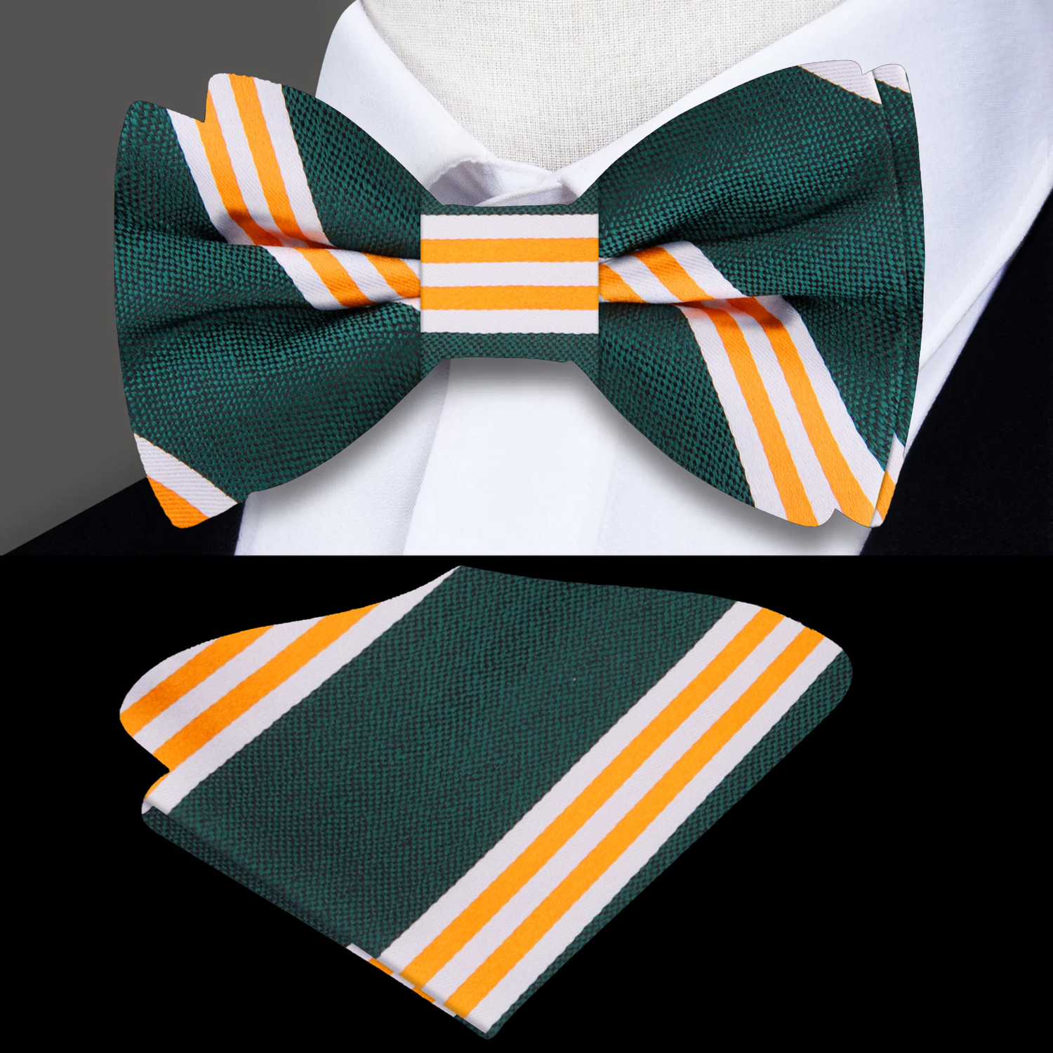Green, Yellow, White Stripe Bow Tie and Square