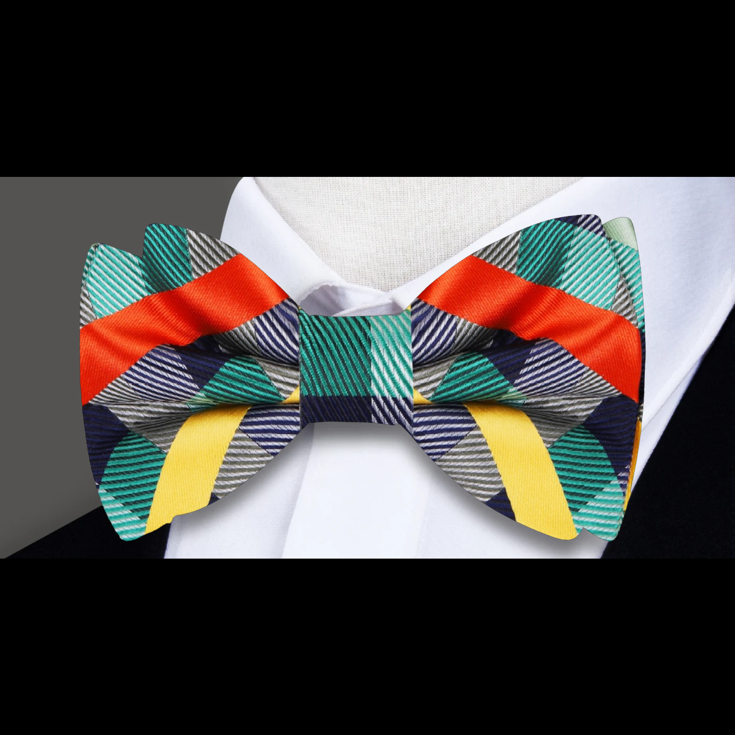 A Green, Yellow, Orange Geometric Check Pattern Silk Self Tie Bow Tie