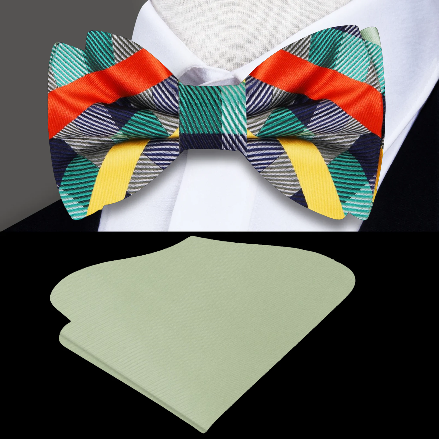 Green, Yellow, Orange Plaid Bow Tie and Accenting Pocket Square