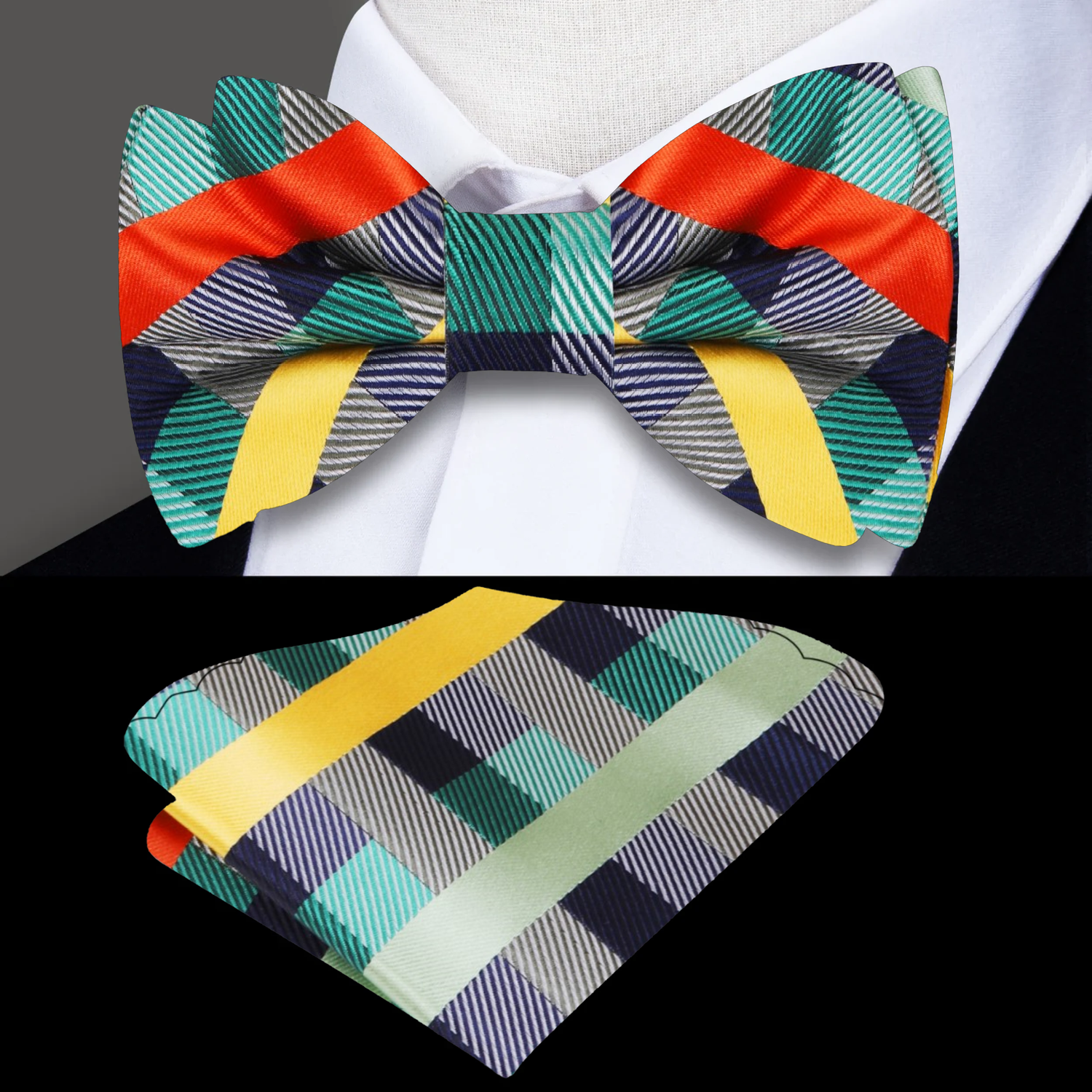 Green, Yellow, Orange Plaid Bow Tie and Pocket Square