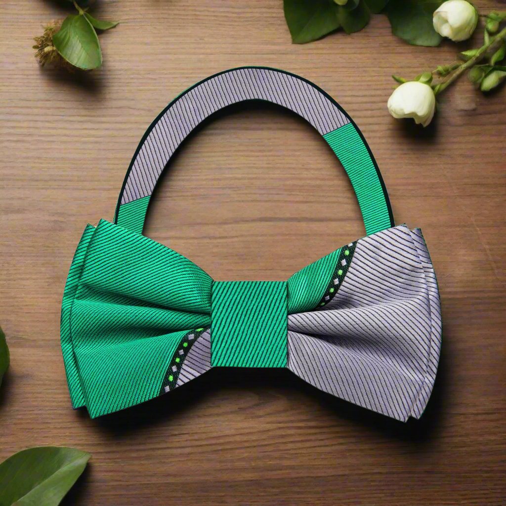 Green, Grey Lined Pre Tied Bow Tie