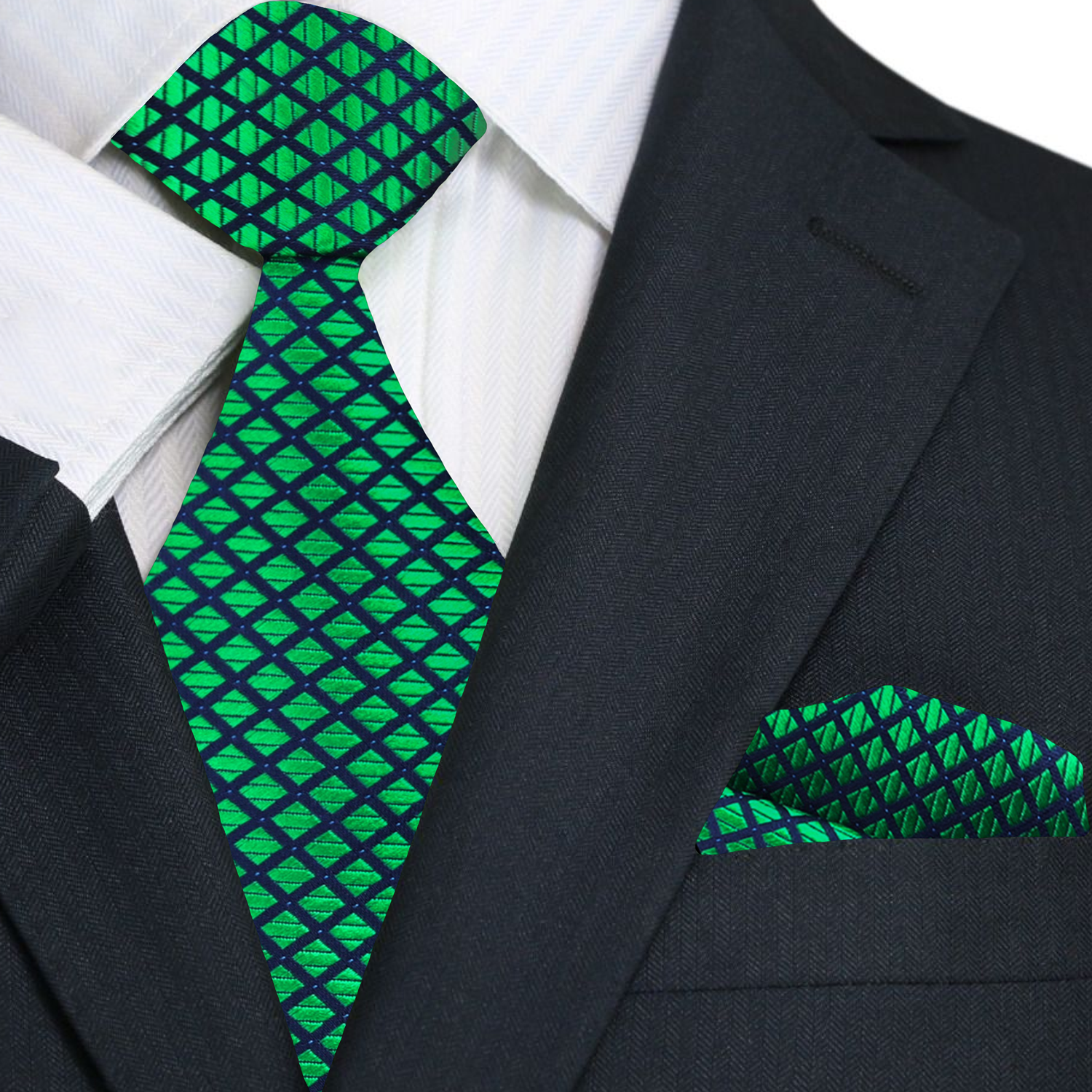 A Green, Black Small Check Pattern Necktie, Matching Pocket Square