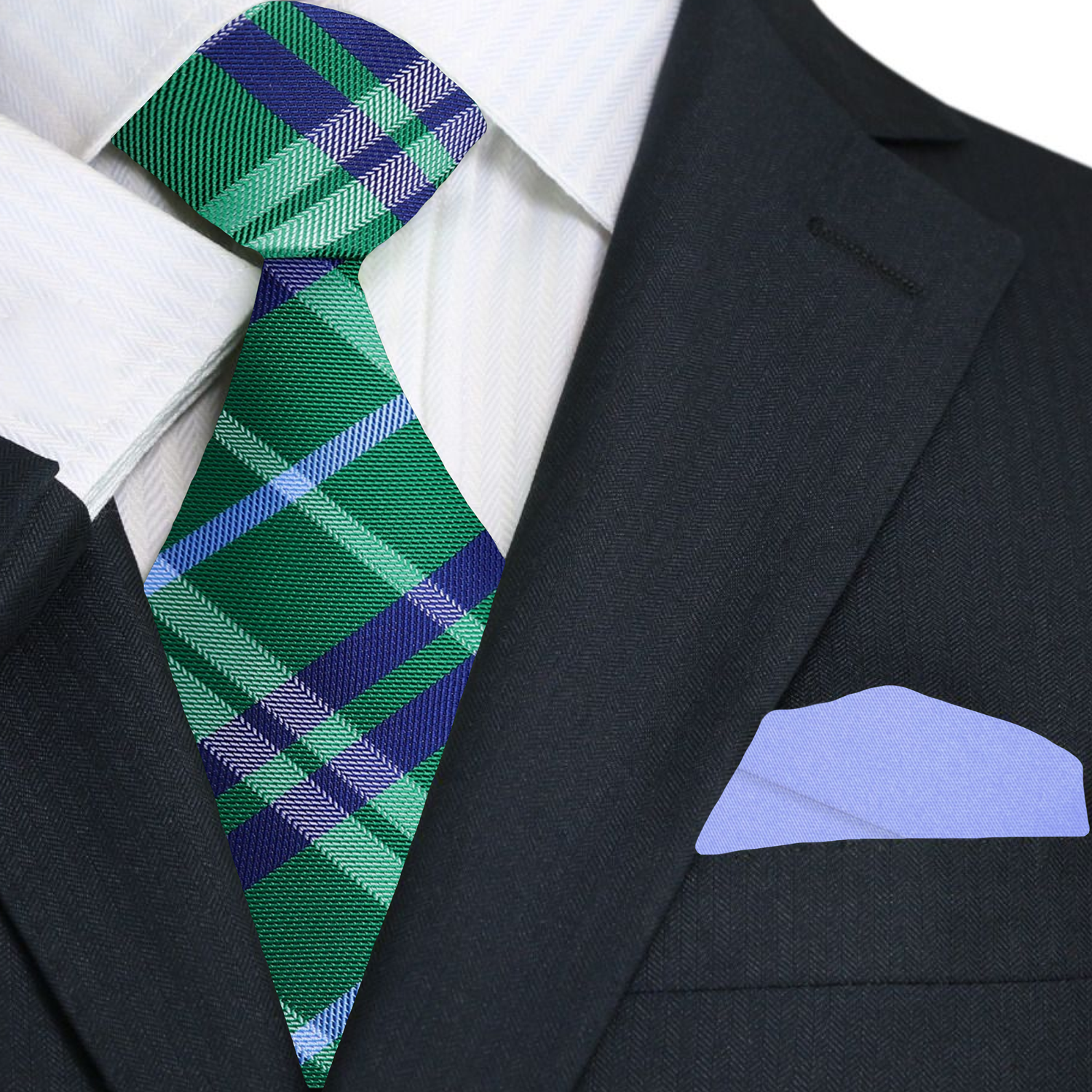 Green and Blue Plaid Tie and Accenting Square