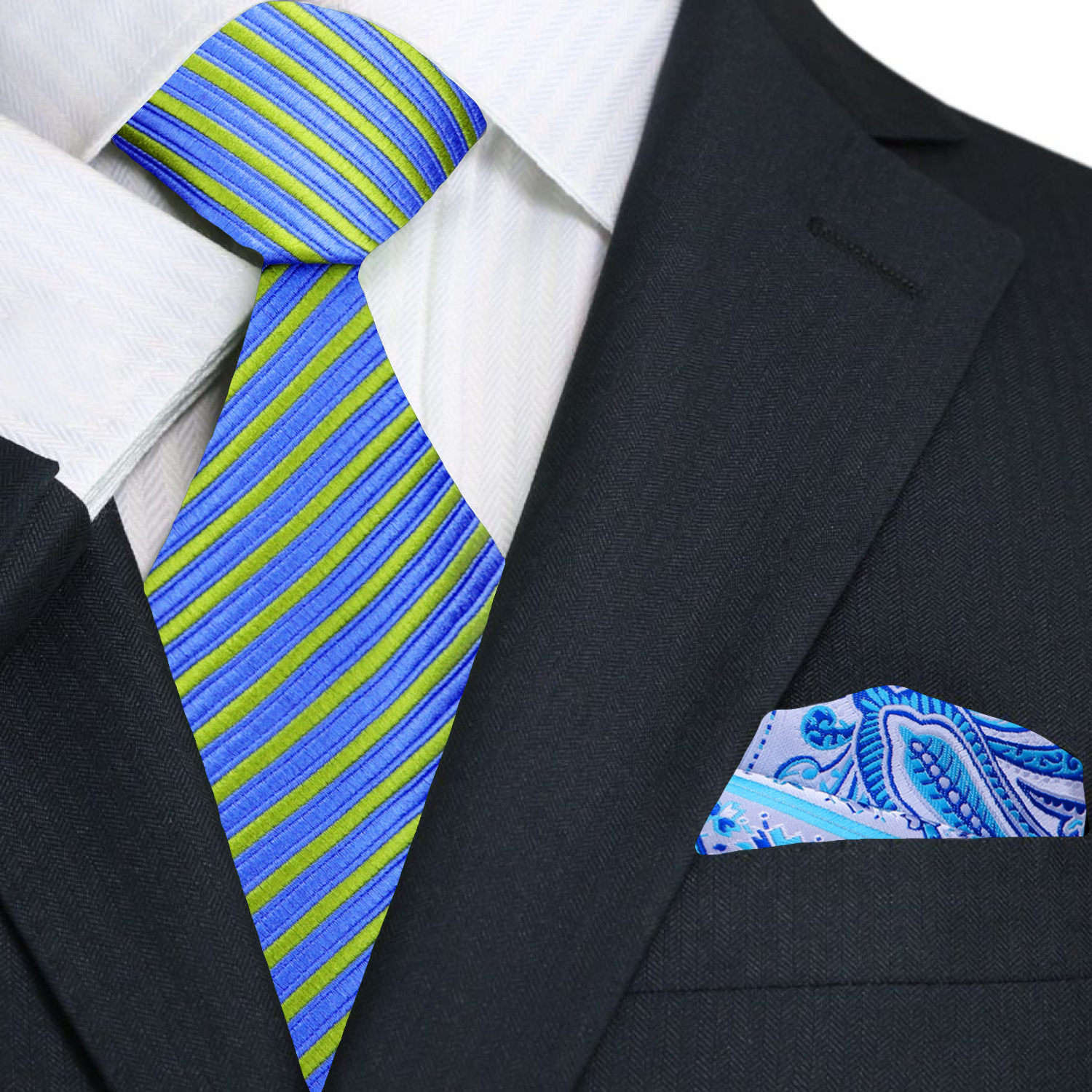 Blue and green striped tie with a white, blue paisley pocket square on a black suit jacket.
