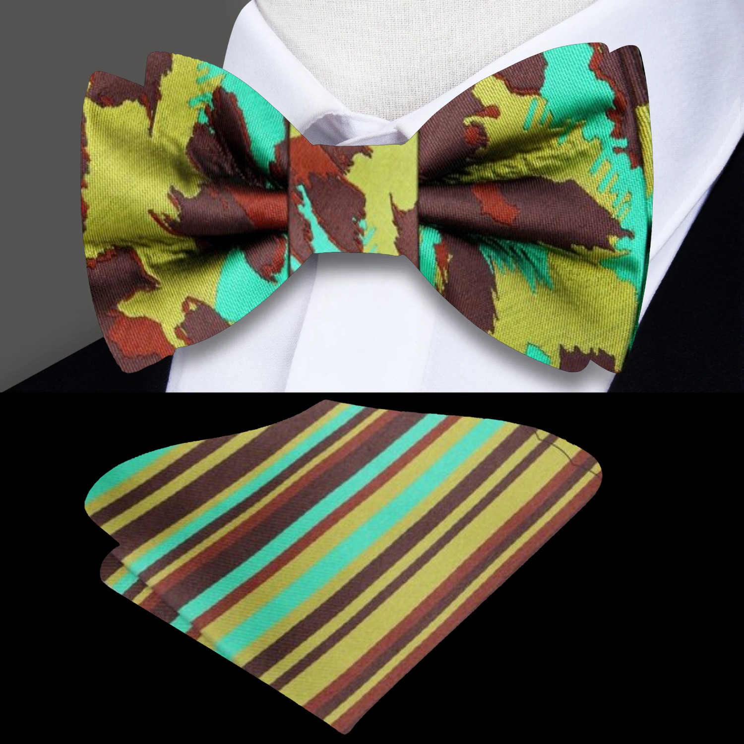 Green, Brown, Olive Cheetah Bow Tie and Pocket Square||Green, Brown, Lime