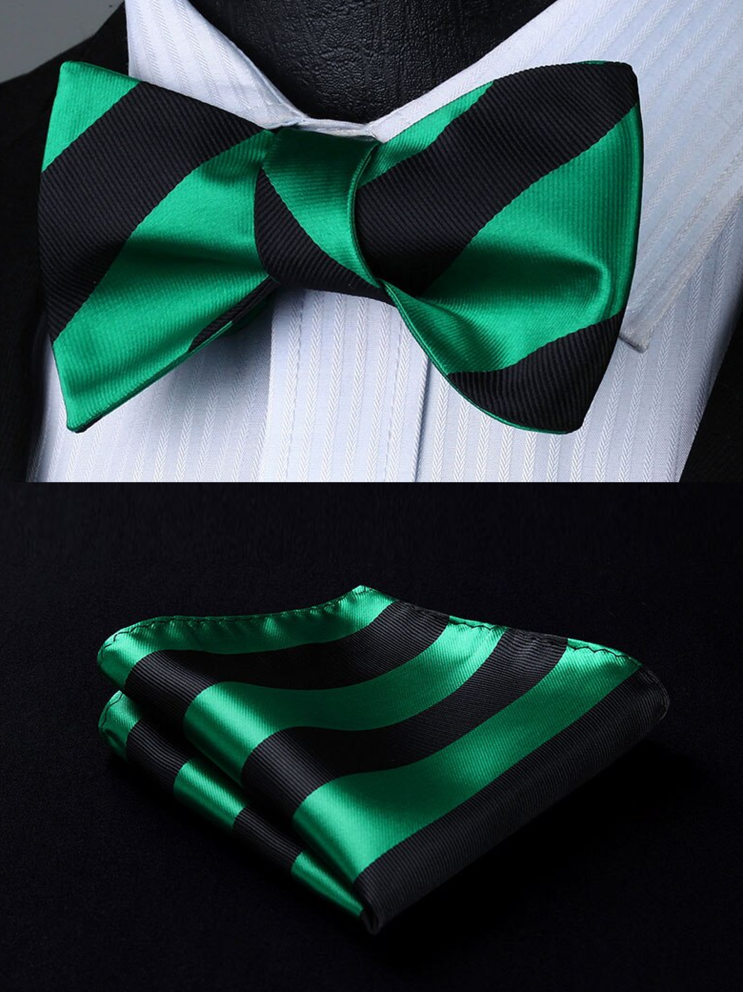 Main View: Green Black Stripe Bow Tie and Pocket Square