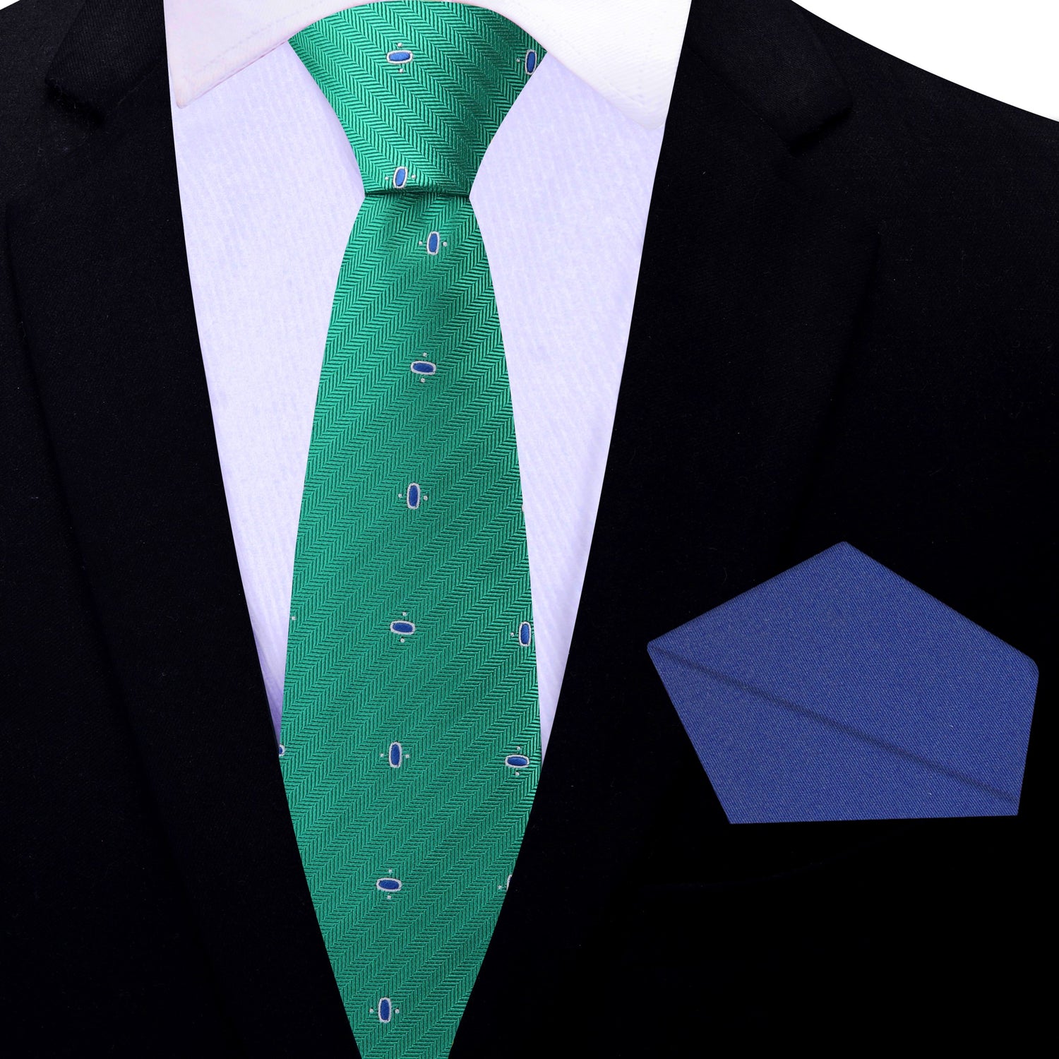 Thin Tie: Green, Blue Ovals Necktie with Dark Blue Square
