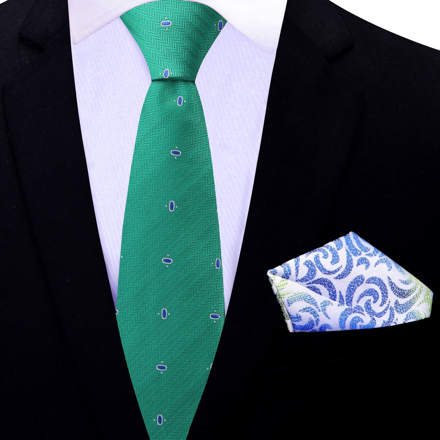 Thin Tie: Green, Blue Ovals Necktie with White, Blue and Green Square