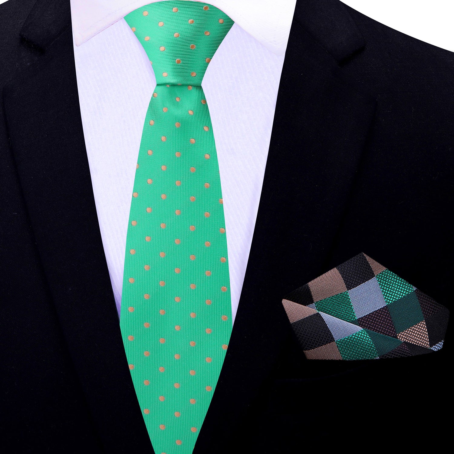 Thin Tie: Green, Brown Polka Tie and Accenting Check Square