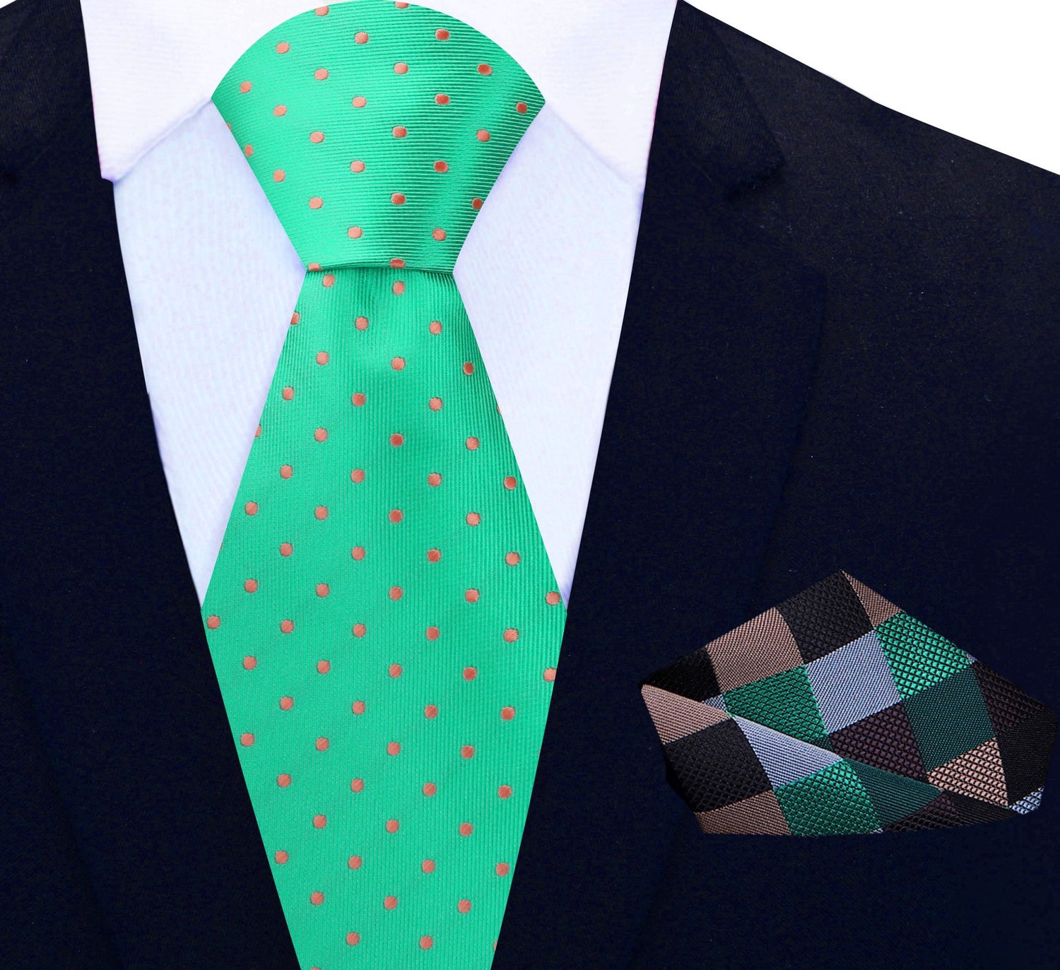 Green, Brown Polka Tie and Accenting Check Square