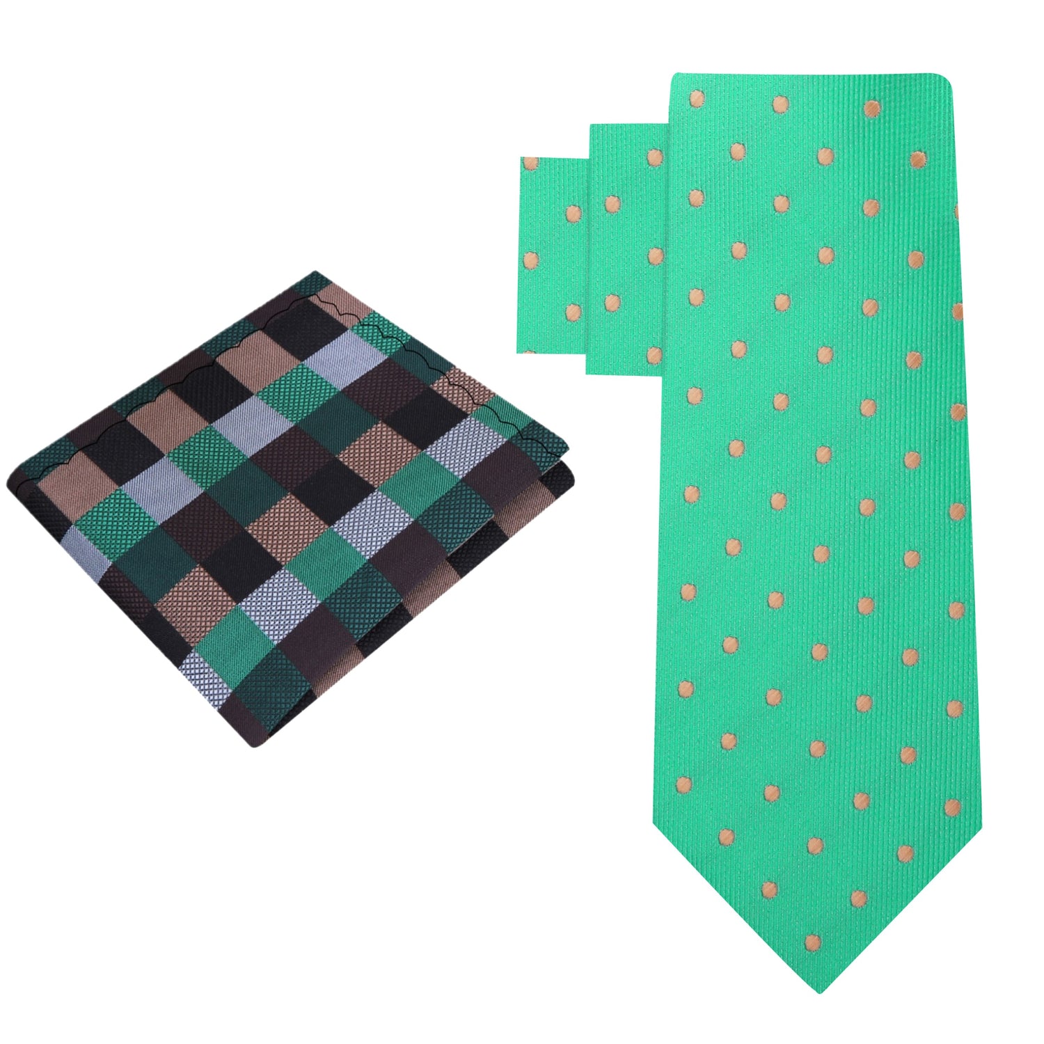 Alt View: Green, Brown Polka Tie and Accenting Check Square