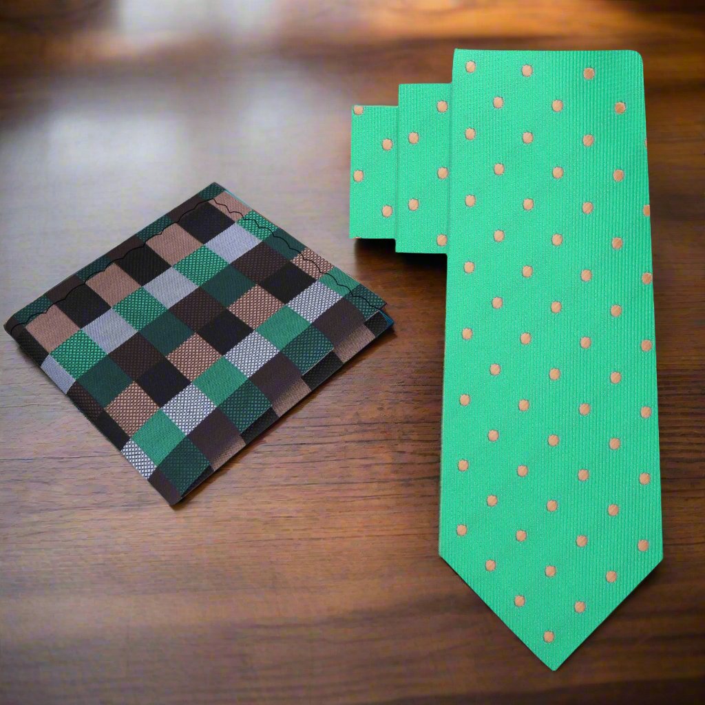 Alt View: Green, Brown Polka Tie and Accenting Check Square