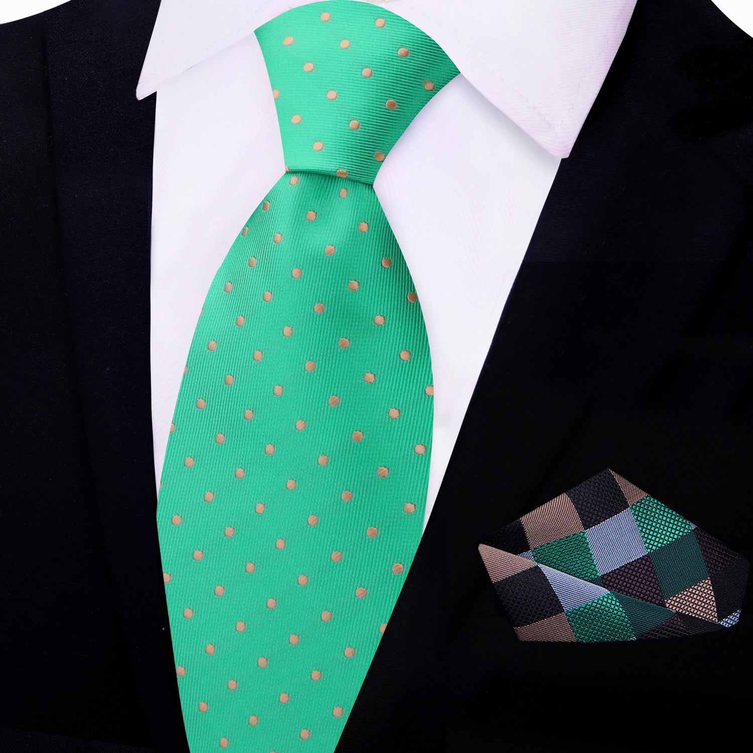 View 2: Green, Brown Polka Tie and Accenting Check Square