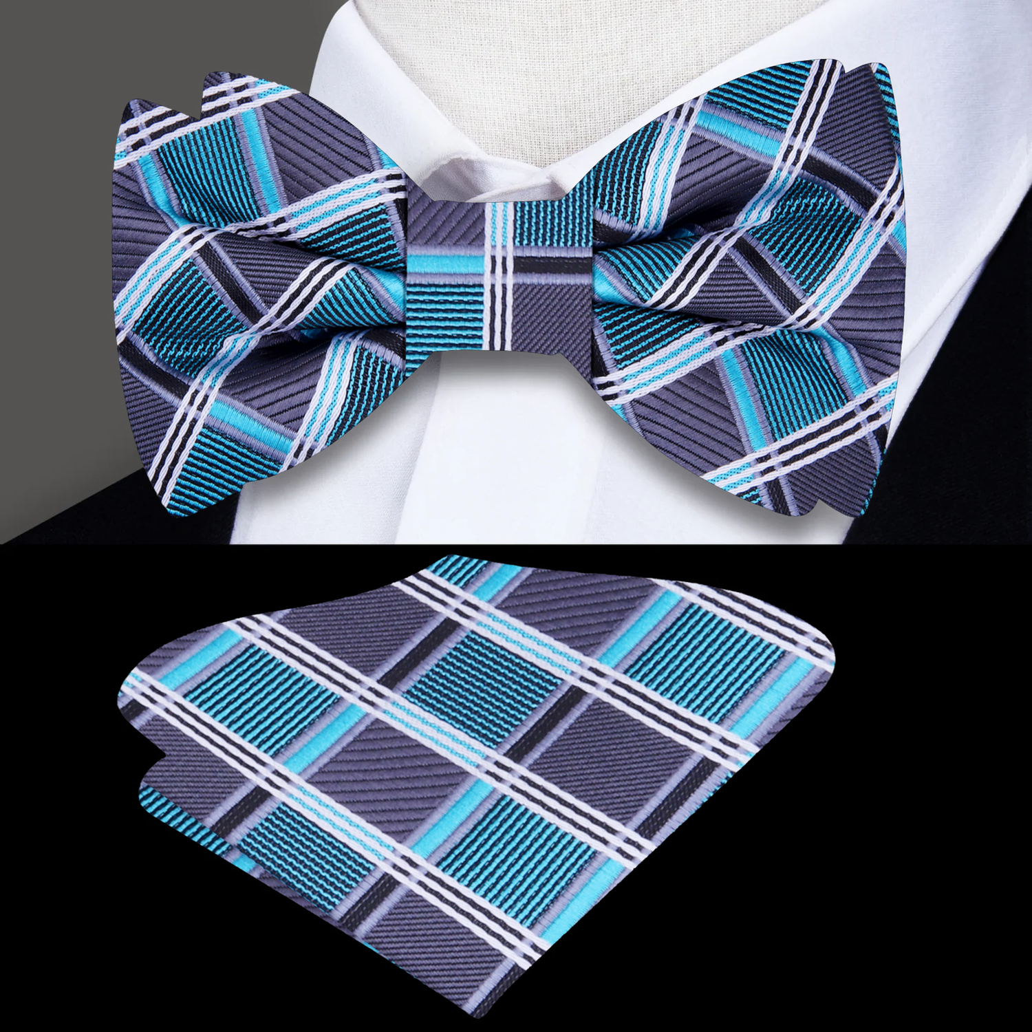 Grey, Teal Geometric Bow Tie and Pocket Square||Teal