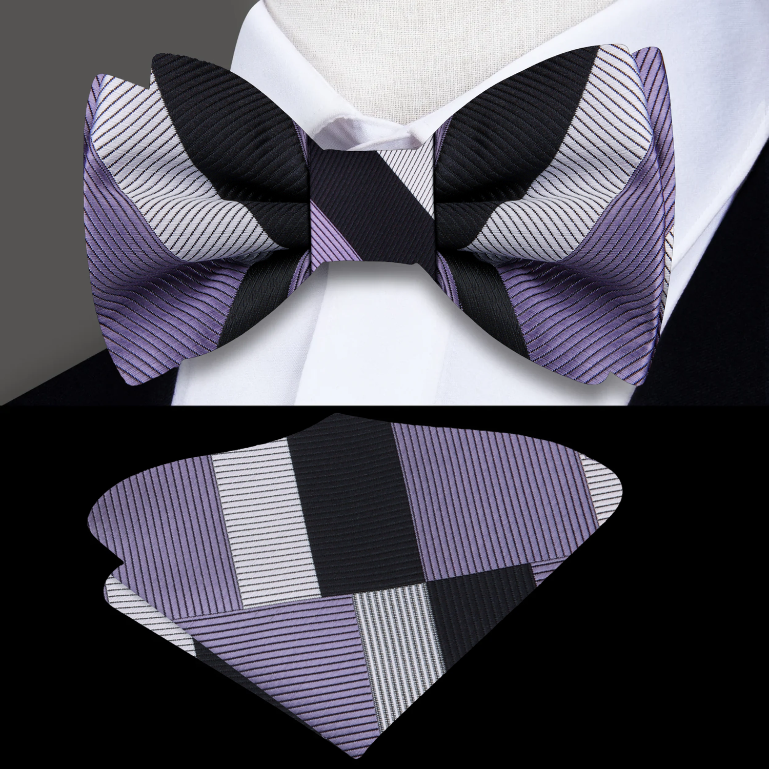 A Dark Grey, Grey And Black Abstract Silk Bow Tie, Pocket Square
